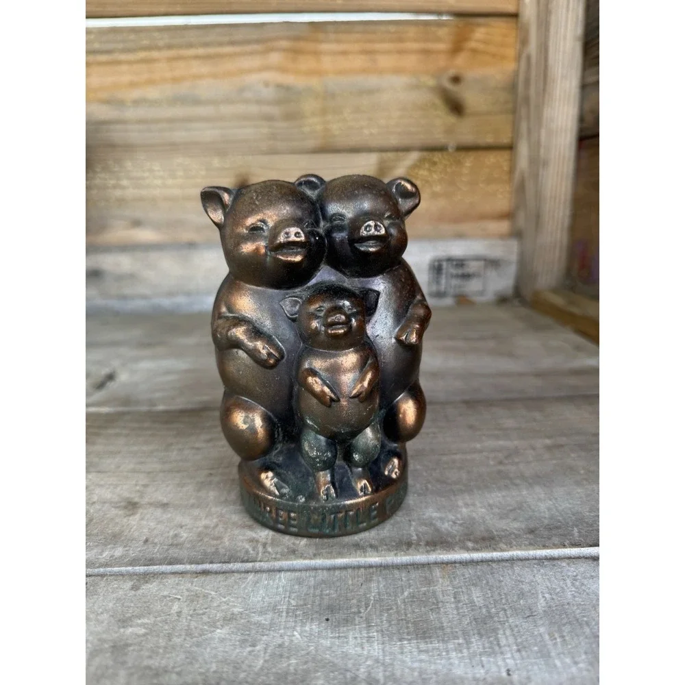 Vintage Three Little Pigs Cast Metal Piggy Bank Coin Worn Copper Tone Finish USA
